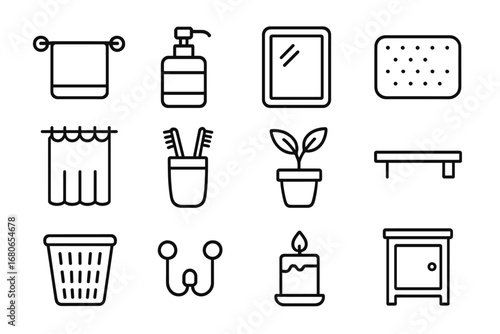 Bathroom Décor Icons. Outline icon set of bathroom décor updates: towel rack, soap dispenser, mirror, bath mat