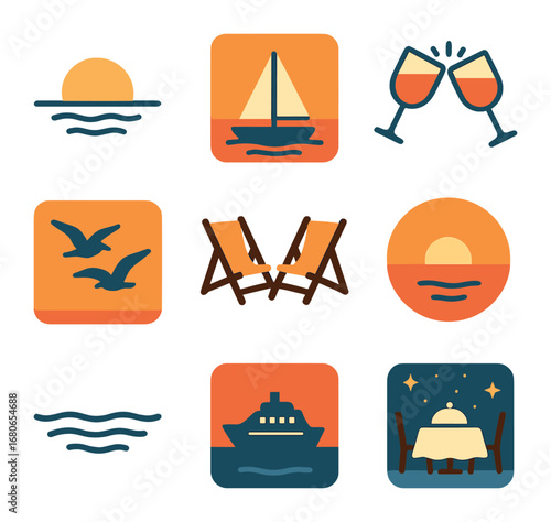 Sunset Cruise Icons. Flat icon set of sunset cruise visuals: golden horizon, sailing yacht, wine glasses clink