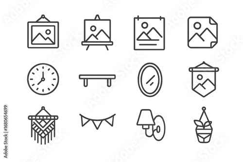 Wall Art Icons. Outline icon set of wall art and decoration: picture frame, canvas, poster, wall sticker,