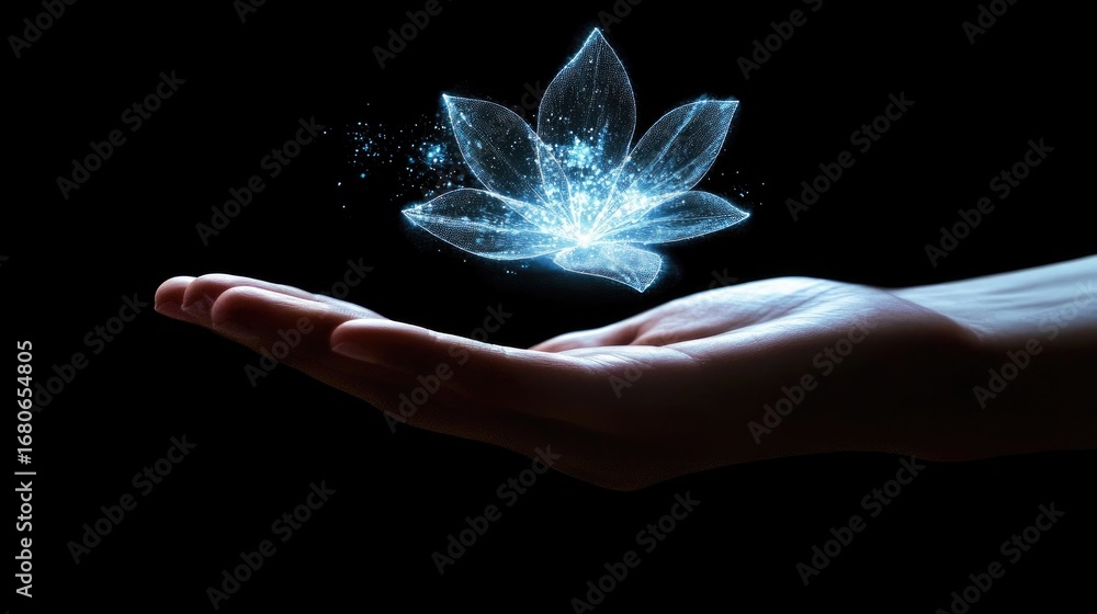 Fototapeta premium A hand holding a glowing, translucent lotus flower against a dark background.