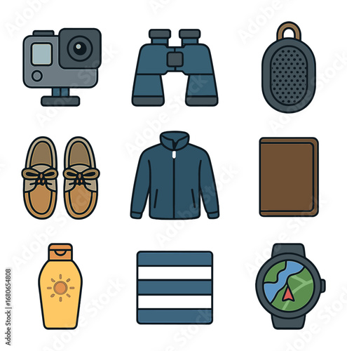 Yacht Lifestyle Icons. Flat icon set of yacht lifestyle gear: GoPro, captain’s binoculars, waterproof speaker,