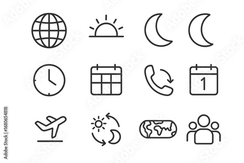 Cross-Time Zone Icons. Outline icon set of cross-time-zone teamwork: globe, sunrise, moon, time zone clock,