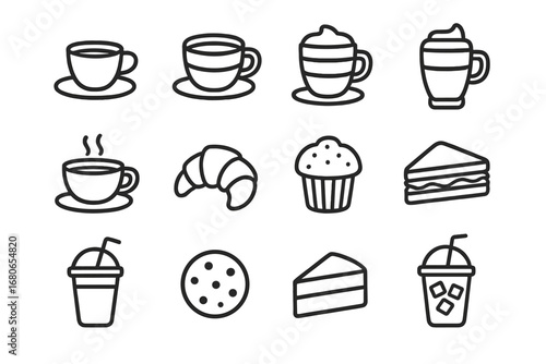 Café Menu Icons. Outline icon set of café menu items: espresso, cappuccino, latte, mocha, tea cup, croissant,