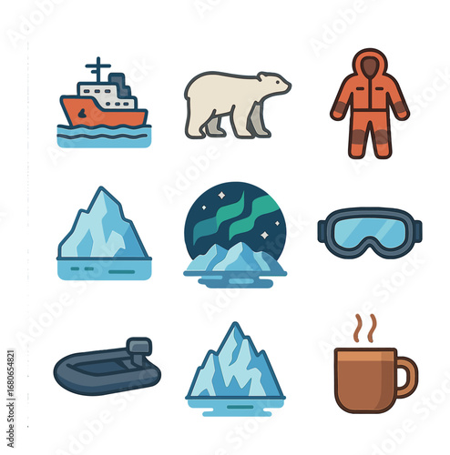 Arctic Expedition Icons. Flat icon set of Arctic expedition cruises: icebreaker ship, polar bear, thermal suit