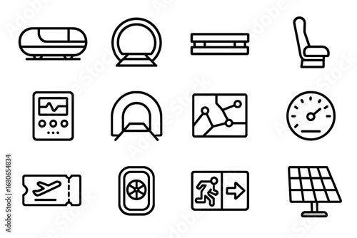 Hyperloop Icon Set. Outline icon set of hyperloop transport: capsule pod, tunnel, magnetic rail, passenger