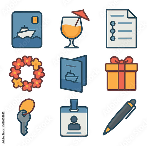 Cruise Welcome Icons. Flat icon set of cruise welcome package: keycard, welcome drink, itinerary, flower lei,