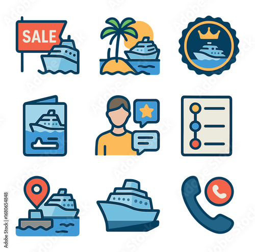 Luxury Cruise Icons. Flat icon set of luxury cruise advertising: sale banner, exotic location, sunset logo,