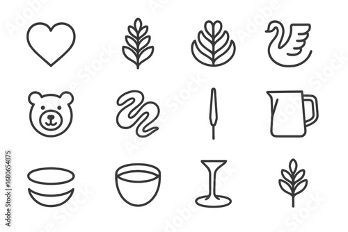 Latte Art Icon Set. Outline icon set of latte art: heart, rosetta, tulip, swan, bear face, free pour, etching