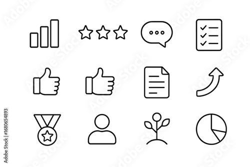 Performance Review Icons. Outline icon set of performance review in hybrid teams: bar chart, rating stars,