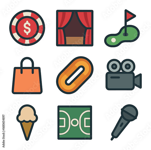 Onboard Leisure Icons. Flat icon set of onboard leisure: casino chip, theater curtain, mini golf, karaoke mic,