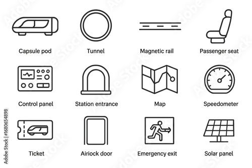 Hyperloop Icon Set. Outline icon set of hyperloop transport: capsule pod, tunnel, magnetic rail, passenger
