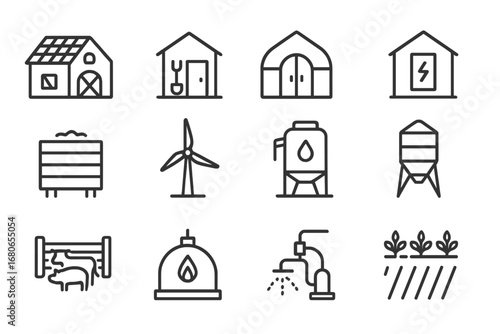 Sustainable Farm Icon Set. Outline icon set of sustainable farm buildings: barn with solar roof, tool shed,