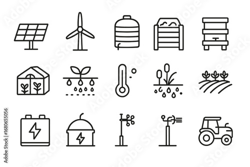 Climate-Smart Farming Icons. Outline icon set of climate-smart farming: solar panel, wind turbine, rainwater