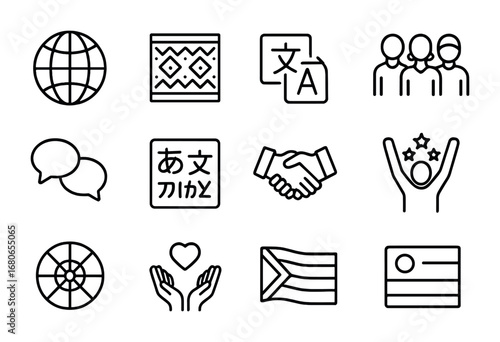 Multicultural Marketing Icons. Outline icon set of multicultural marketing: globe, cultural patterns,