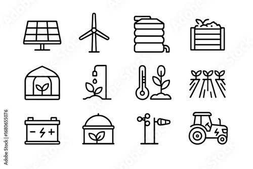 Climate-Smart Farming Icons. Outline icon set of climate-smart farming: solar panel, wind turbine, rainwater