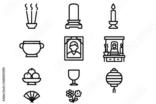 Ancestral Worship Icons. Outline icon set of ancestral worship: incense sticks, ancestor tablet, candle,