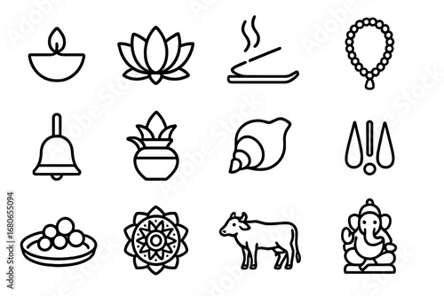 Hindu Ritual Icons Grid. Outline icon set of Hindu rituals: diya lamp, lotus flower, incense stick, prayer
