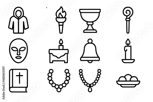 Initiation Ritual Icons. Outline icon set of initiation rituals: ceremonial robe, torch, chalice, staff, mask,