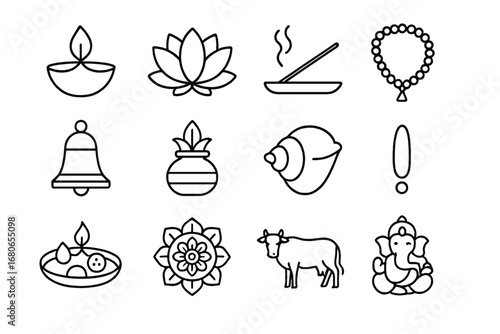 Hindu Ritual Icons Grid. Outline icon set of Hindu rituals: diya lamp, lotus flower, incense stick, prayer