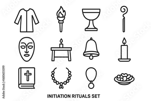Initiation Ritual Icons. Outline icon set of initiation rituals: ceremonial robe, torch, chalice, staff, mask,