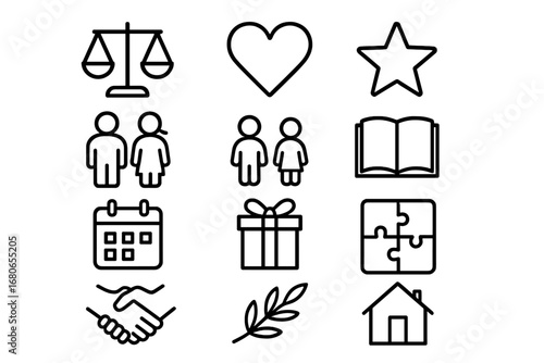 Sibling Balance Icons. Outline icon set of balancing attention between siblings: scale, heart, star, parents,