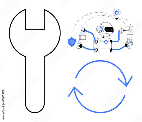 Robot multitasking with tools, automation icons, wrench, and reload arrow. Ideal for AI, technology, programming, robotics system maintenance machine learning and innovation. Simple flat metaphor