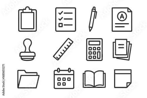 Grading Tools Icons. Outline icon set of grading and evaluation tools: clipboard, checklist, pen, grade sheet,