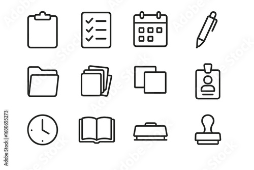 Parent-Teacher Prep Icons. Outline icon set of parent-teacher meeting prep: clipboard, checklist, calendar,