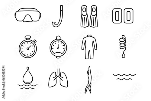 Freediving Icons Set. Outline icon set of freediving: mask, snorkel, fins, weights, stopwatch, depth gauge,