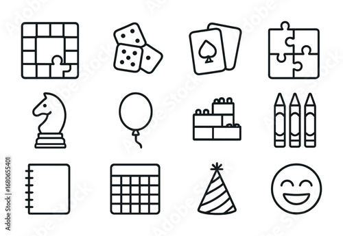 Family Fun Icons. Outline icon set of family fun games: board game, dice, playing cards, puzzle, chess piece,