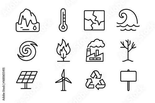 Climate Crisis Icons. Outline icon set of climate crisis: melting glacier, thermometer, cracked earth, flood