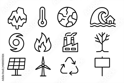 Climate Crisis Icons. Outline icon set of climate crisis: melting glacier, thermometer, cracked earth, flood