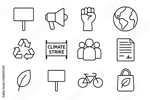 Environmental Activism Icons. Outline icon set of environmental activism: protest sign, megaphone, raised fist