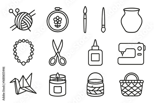 Craft Icons Collection. Outline icon set of handmade crafts: knitting needles, yarn ball, embroidery hoop,