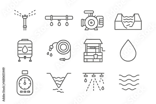 Irrigation Systems Icons. Outline icon set of irrigation systems: sprinkler, drip pipe, water pump, canal,
