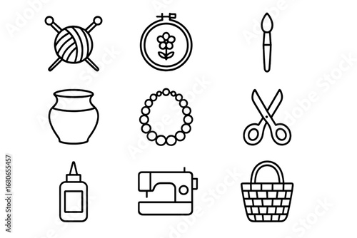 Craft Icons Collection. Outline icon set of handmade crafts: knitting needles, yarn ball, embroidery hoop,