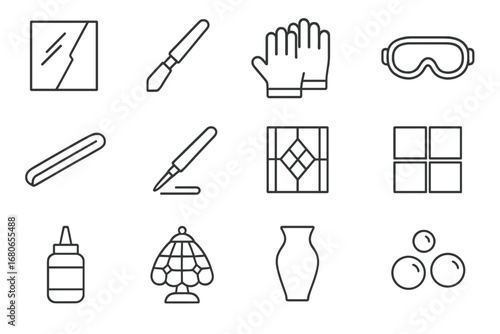 Glass Art Icon Set. Outline icon set of glass art: glass sheet, glass cutter, safety gloves, goggles, lead