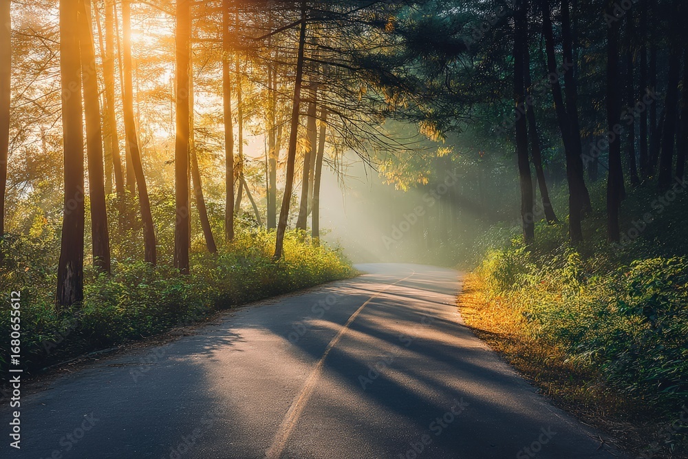 Fototapeta premium Scenic forest road winding through tall trees, with warm sunlight filtering through the fog on a tranquil morning, creating a serene atmosphere