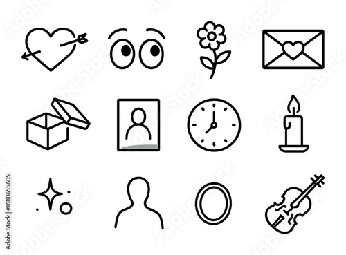 Unrequited Love Icons. Outline icon set of unrequited love: heart with arrow missed, longing eyes, one flower,