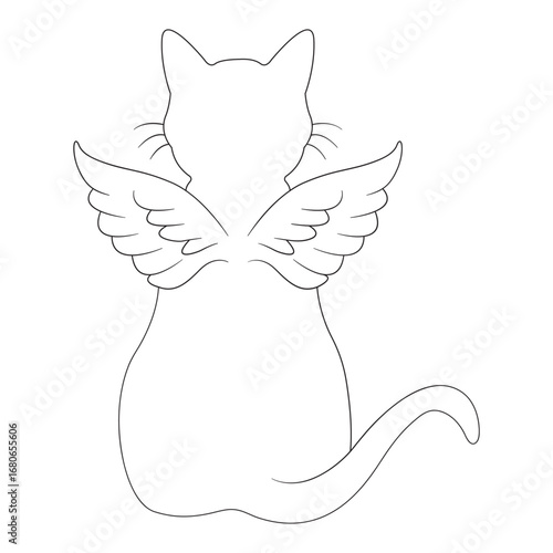 Silhouette of a cat with angel wings, minimal line art style, symbol of fantasy, spirituality, and pets.
