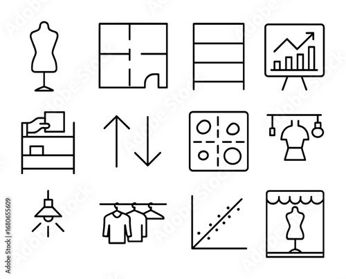 Merchandising Analytics Icons. Outline icon set of visual merchandising analytics: mannequin, store layout,