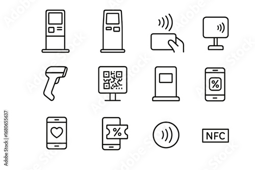 Cashless Retail Icons. Outline icon set of retail cashless solutions: self-checkout machine, payment kiosk,