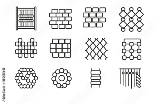 Bead Weaving Icons. Outline icon set of bead weaving techniques: loom, peyote stitch, brick stitch,