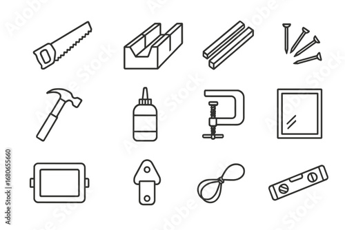 DIY Framing Icons. Outline icon set of DIY photo framing: saw, miter box, wood strips, nails, hammer, glue