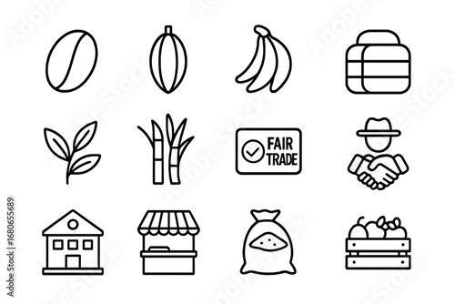 Fair Trade Icon Set. Outline icon set of fair trade products: coffee bean, cacao pod, banana bunch, cotton
