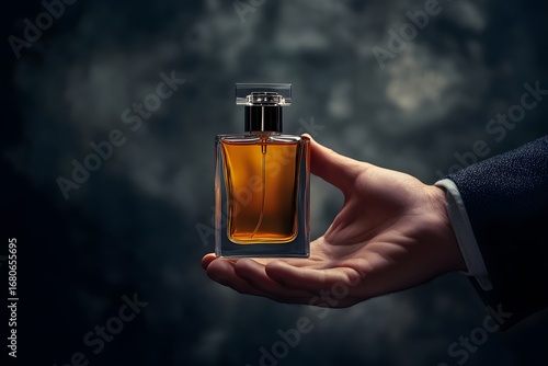 stylish male hand offering cologne bottle, dark and elegant background 
