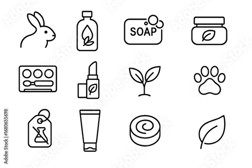 Cruelty-Free Icon Set. Outline icon set of cruelty-free products: rabbit icon, cruelty-free bottle, natural