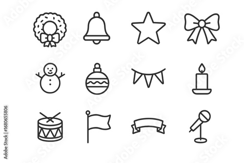 Holiday Performance Icons. Outline icon set of holiday performance props: wreath, bell, star, ribbon, snowman,