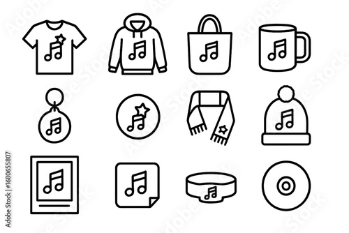 Concert Merchandise Icons. Outline icon set of holiday concert merchandise: t-shirt, hoodie, tote bag, mug,