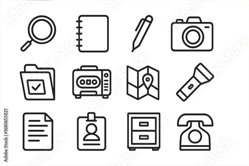 Investigative Tools Icons. Outline icon set of investigative journalism: magnifying glass, notebook, pen,